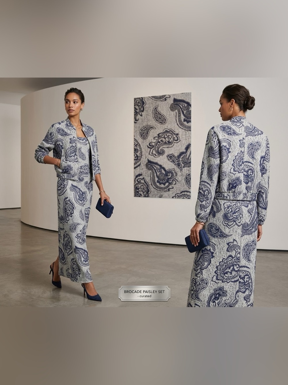 2 Piece Set: Paisley Print Blue & Greige Slip Maxi Dress & Jacket by 1 State- M
